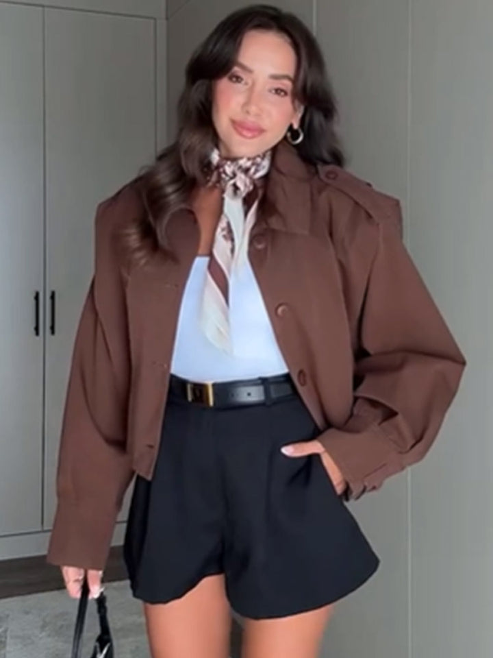 Ladies short boxy jacket with shoulder patches, boxy silhouette and buttoned front Amarae