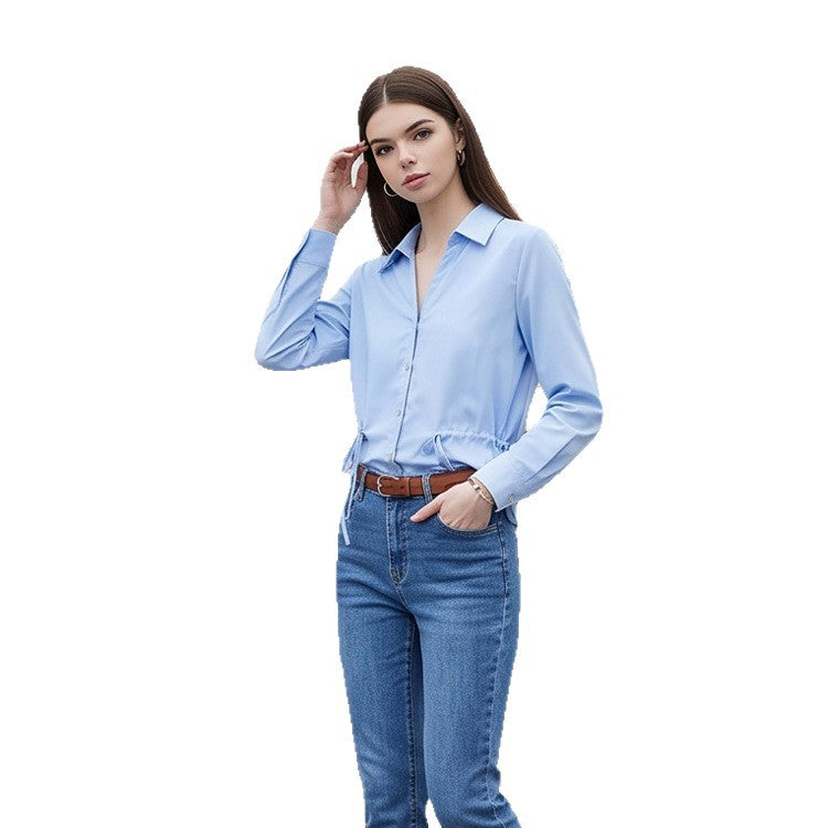 Women Lightweight Blouse with Drawstring Waist and Classic Shirt Collar Amarae