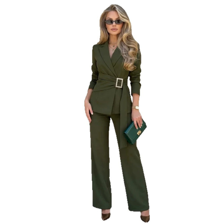 Ladies fitted wrap blazer with pearl belt buckle and slim suit trousers Amarae