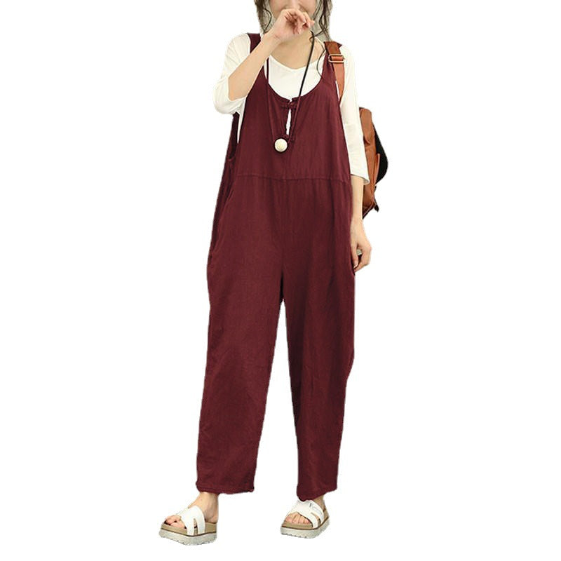 Women Casual Harem Jumpsuit made of Linen with Adjustable Straps and Side Pockets Amarae