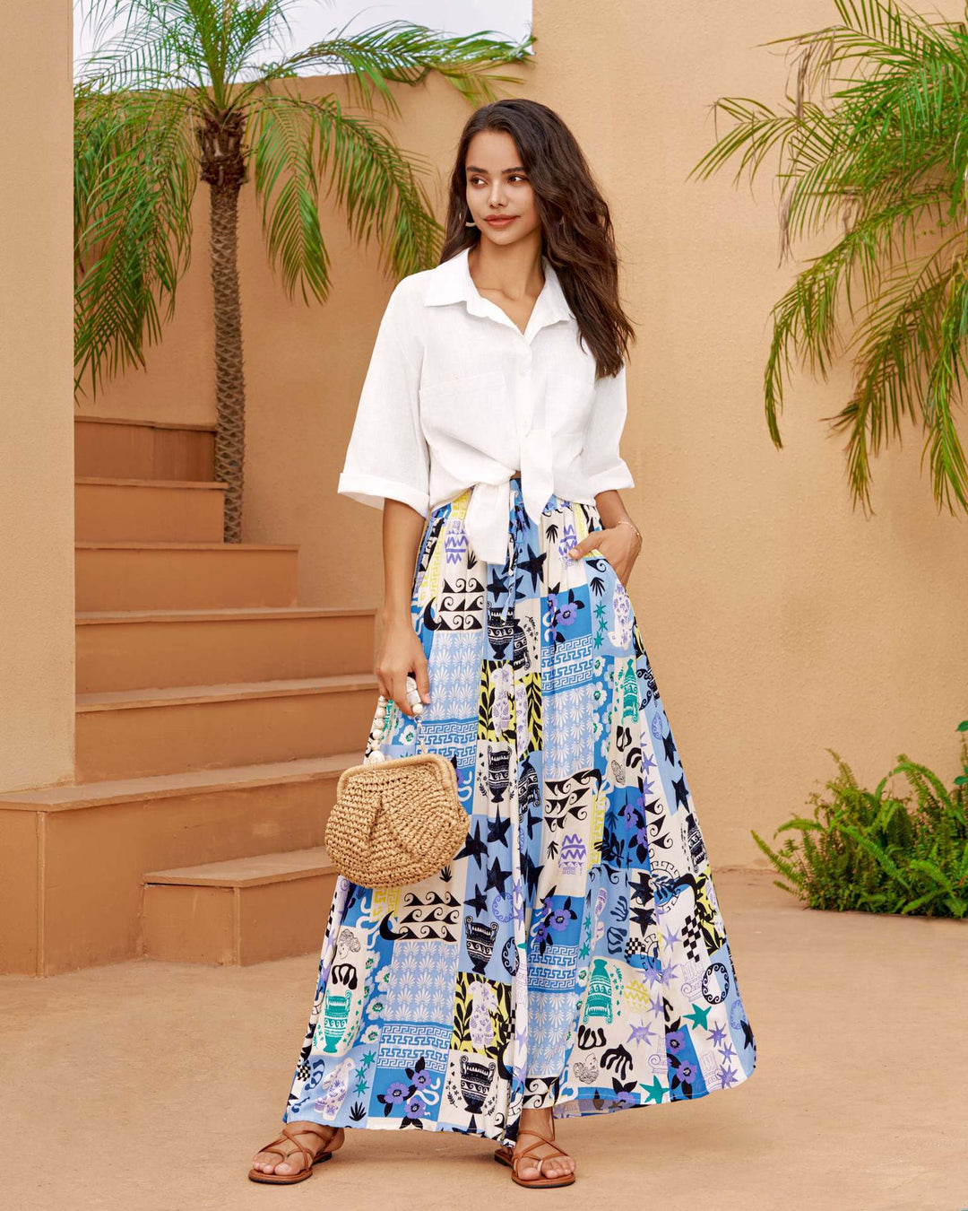 Long maxi dress for women with colorful geometric print and high side slits Chic & Stil