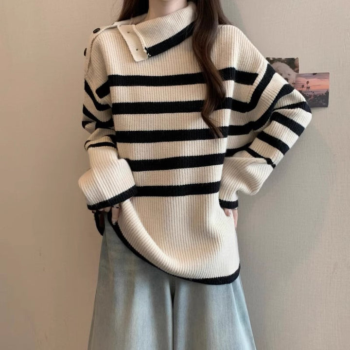 Pull en tricot élégant pour femme avec col asymétrique et motif rayé Chic & Stil