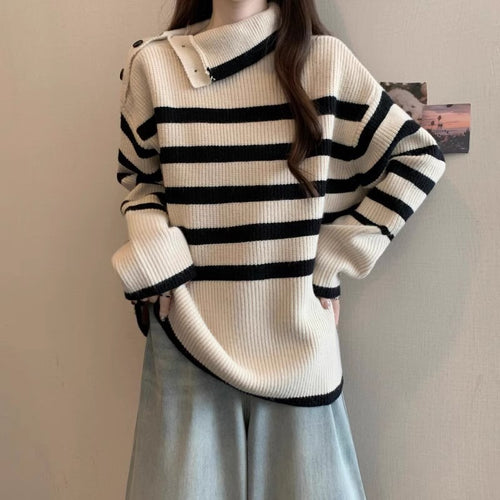 Pull en tricot élégant pour femme avec col asymétrique et motif rayé Chic & Stil
