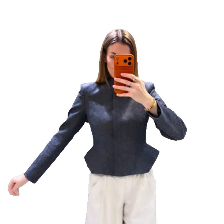 Women's short blazer with stand-up collar, fitted peplum, and concealed button placket Amarae