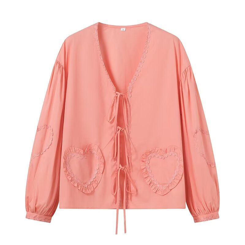 Ladies Playful V-Neck Blouse with Ruffled Heart Pockets and Front Ties Amarae