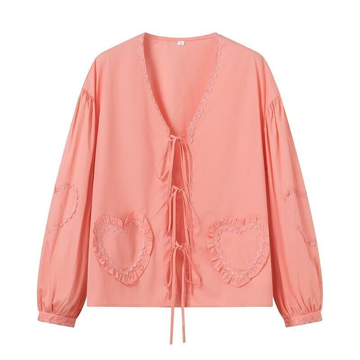 Ladies Playful V-Neck Blouse with Ruffled Heart Pockets and Front Ties Amarae