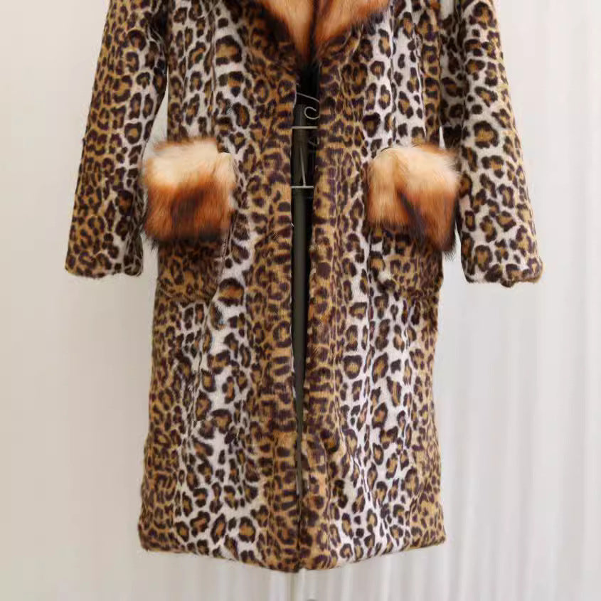 Women’s Longer Faux Fur Coat in Leopard Print with Large Fur Collar and Pocket Trim Amarae