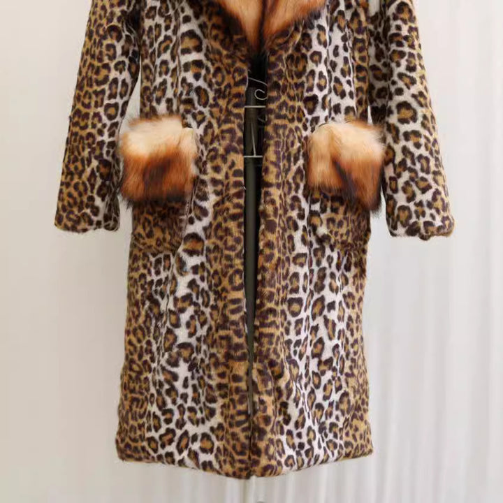 Women’s Longer Faux Fur Coat in Leopard Print with Large Fur Collar and Pocket Trim Amarae