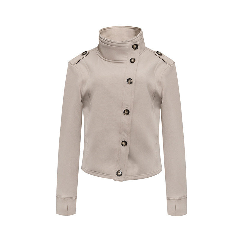 Ladies Short Wool Look Military Jacket with Standing Collar and Asymmetric Button Placket Amarae