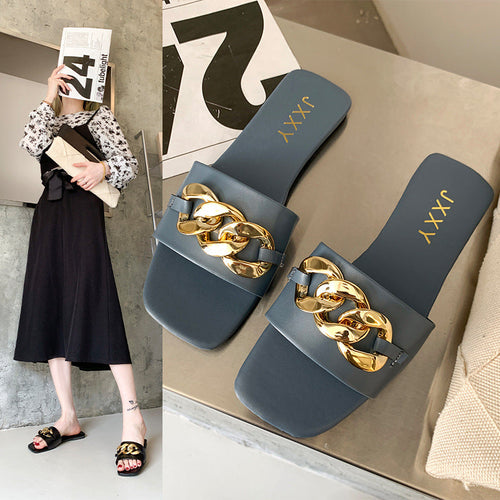 Women's Strappy Mules with Luxurious Chain Accent and Comfortable Footbed Amarae