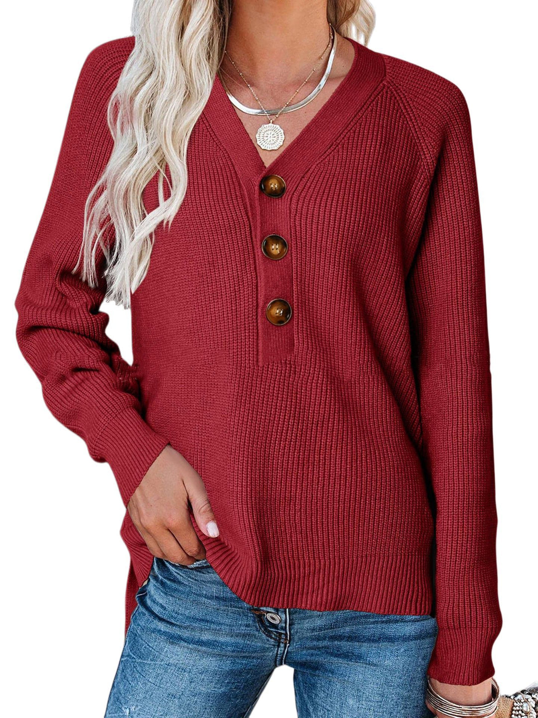Knit sweater for women with button details and plunging V-neck Lune London