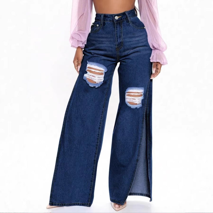 Women's High-Waisted Wide-Leg Jeans with Side Thigh Slits and Knee Rips Amarae