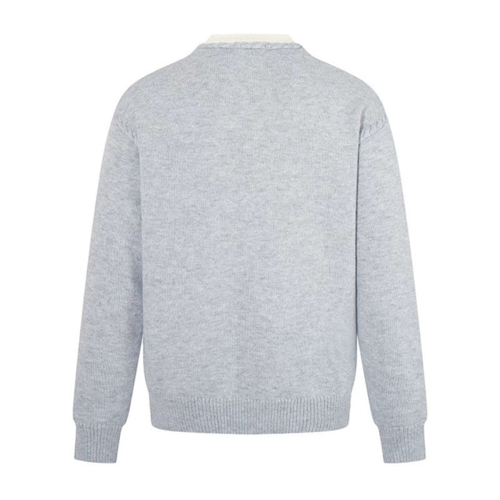 Men's Fine V-Neck Sweater with Layered Look and Stand-Up Collar Inner Part Amarae