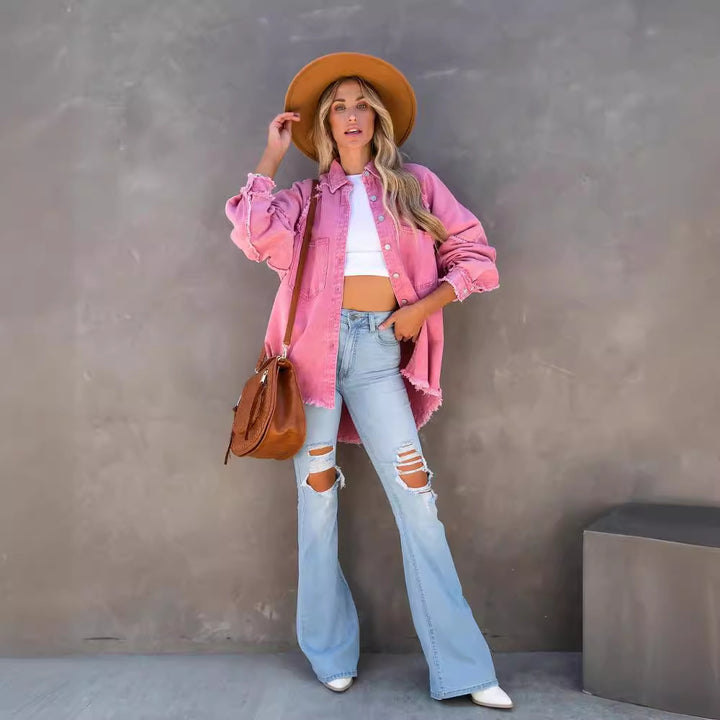 Plus size denim jacket for women with frayed details Lune London