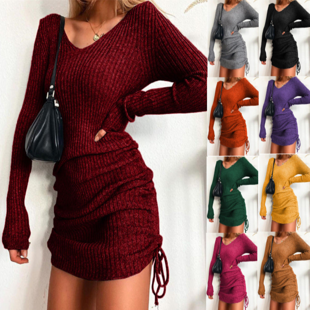 Women's Knit Mini Dress with Ruching and V-Neck Lune London