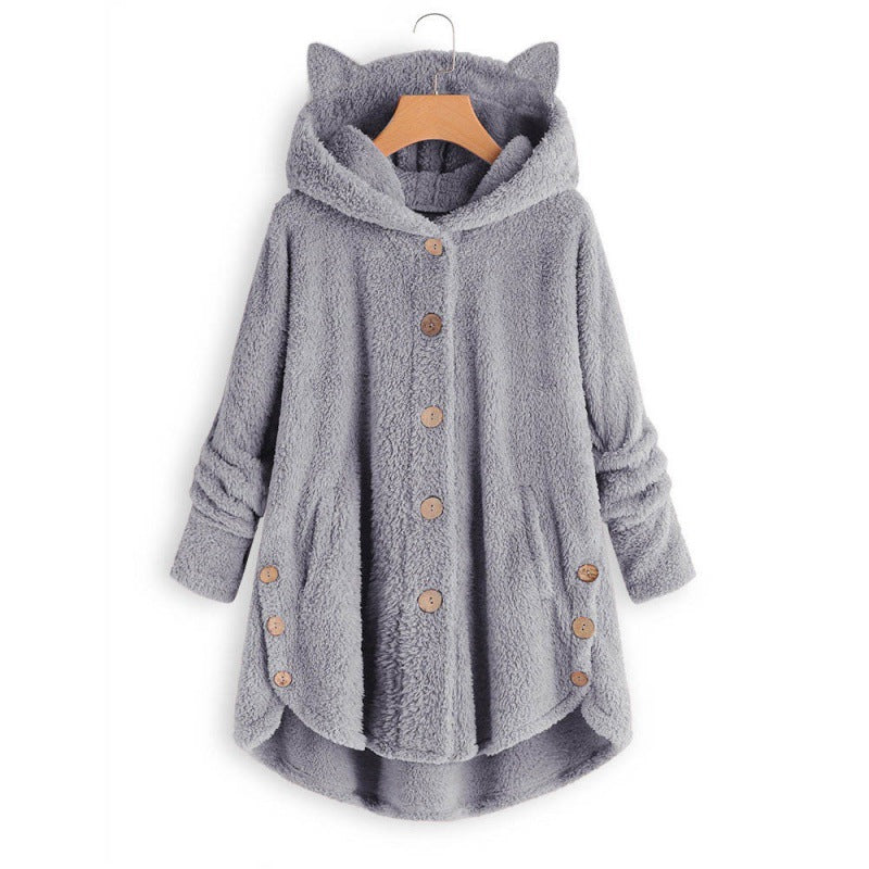 Women's Hooded Teddy Coat with Cat Ears, Button Placket and Asymmetrical Hem Amarae