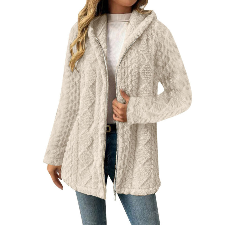 Women's Hooded Sherpa Jacket with Cable Pattern, Medium Length and Two-Way Zipper Amarae