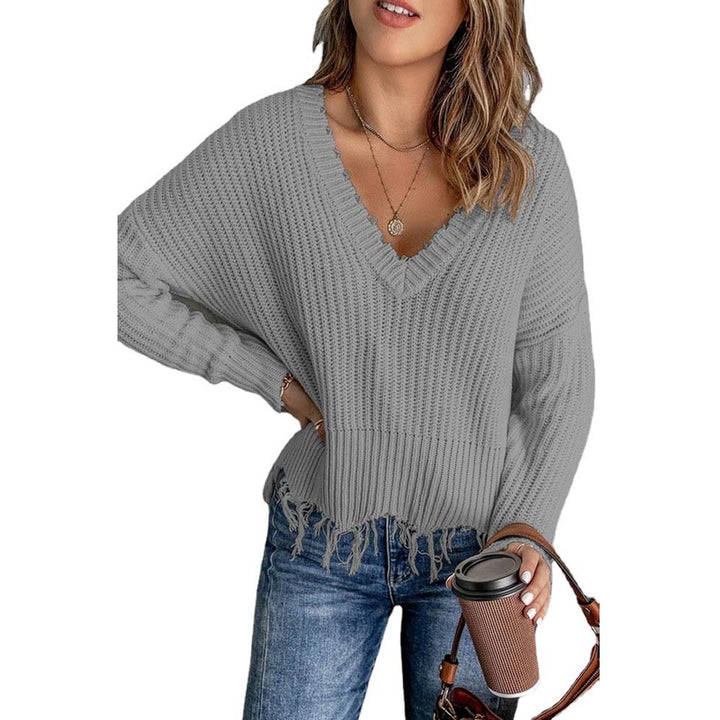 Casual V neck sweater for women with fringes and textured knit Lune London