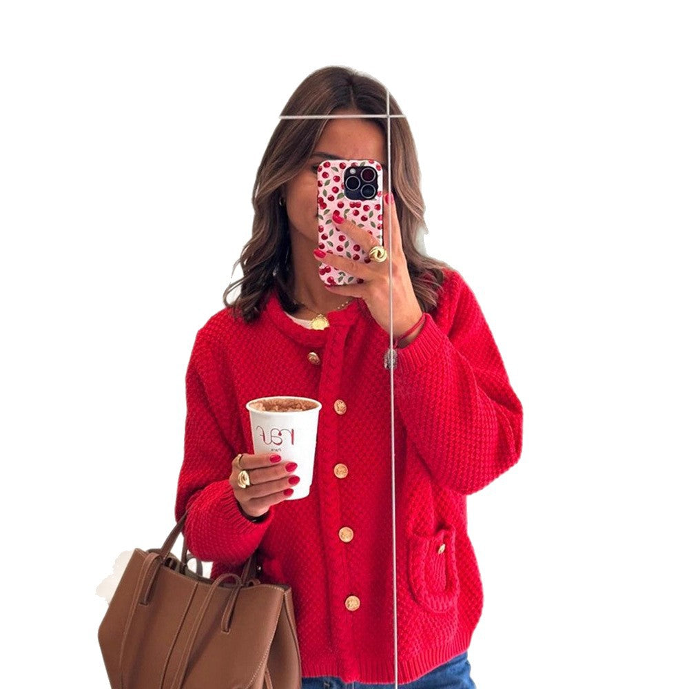 Women Structured Knit Cardigan with Cable Pattern and Golden Decorative Buttons Amarae