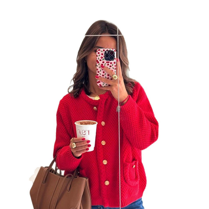 Women Structured Knit Cardigan with Cable Pattern and Golden Decorative Buttons Amarae