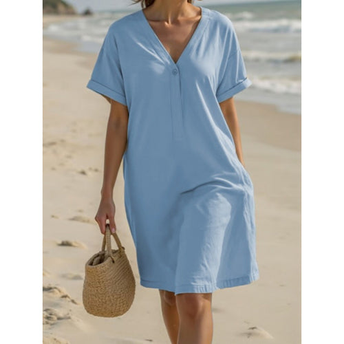 Ladies lightweight summer dress with rolled-up sleeves and a practical button placket Amarae