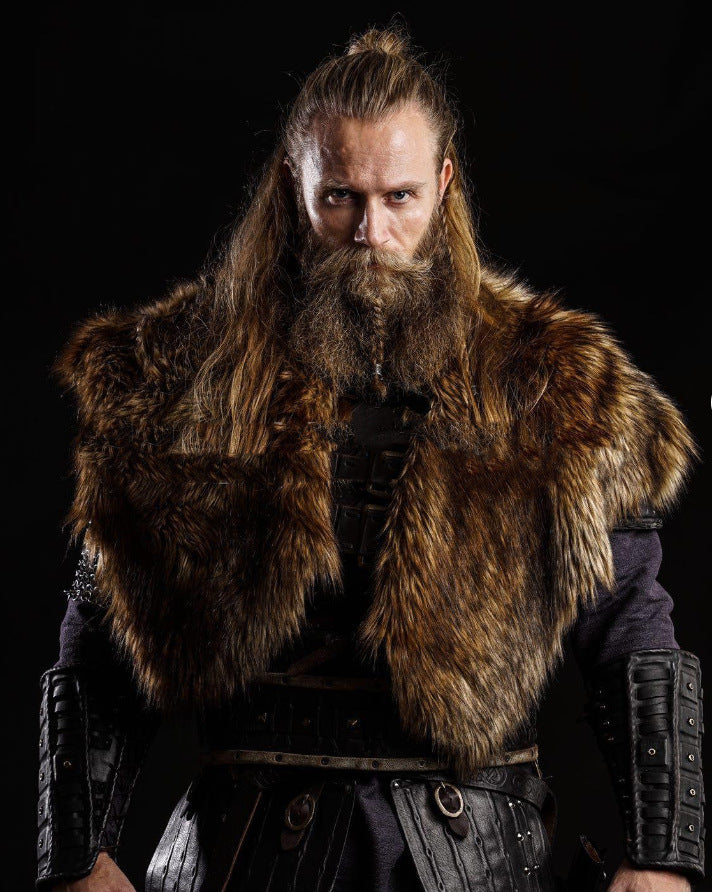 Men's historically inspired faux fur shoulder cape with leather straps Amarae