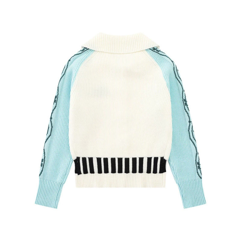 Women's cardigan with contrast sleeves, musical embroidery and polo collar Amarae
