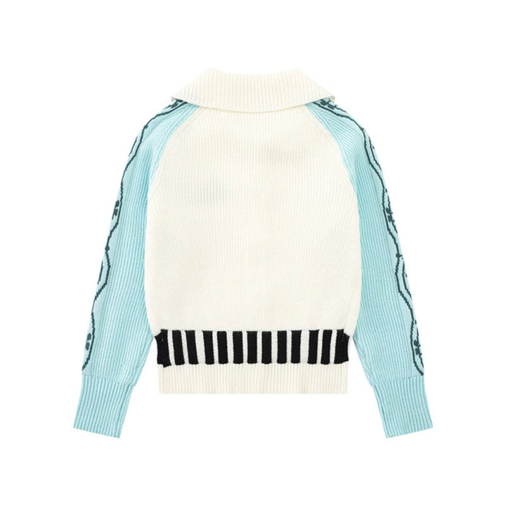 Women's cardigan with contrast sleeves, musical embroidery and polo collar Amarae