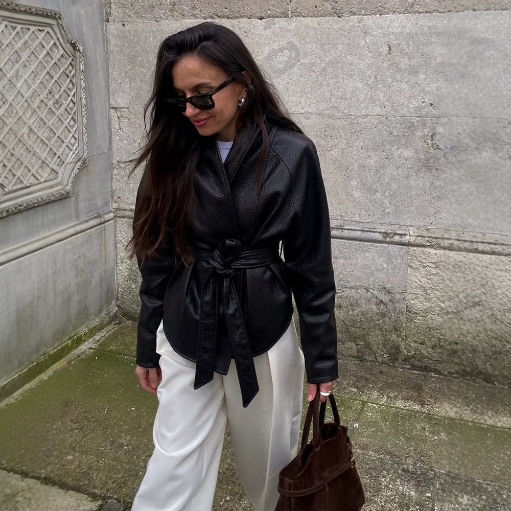 Women's Tailored Wrap Blouson in Structured Leather Look with Tie Belt Amarae
