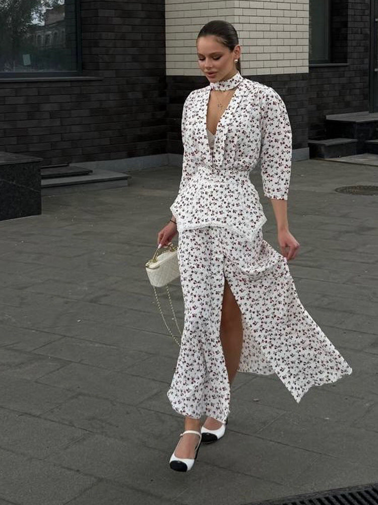 Women's Two-Piece Blouse Set with Deep V-Neck, Tailored Peplum, and Wide Palazzo Trousers Amarae
