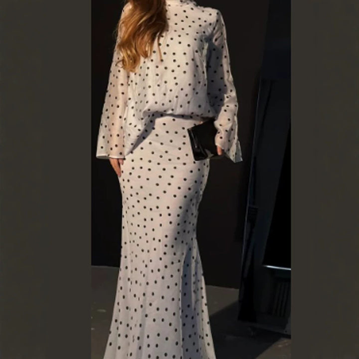 Women's maxi dress with waist-accentuating mermaid silhouette and polka dot print Amarae