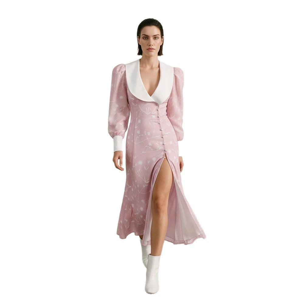 Women's midi dress with deep shawl collar, puff sleeves, and side slit Amarae