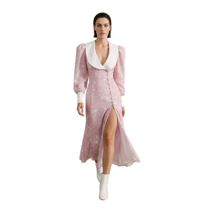 Women's midi dress with deep shawl collar, puff sleeves, and side slit Amarae