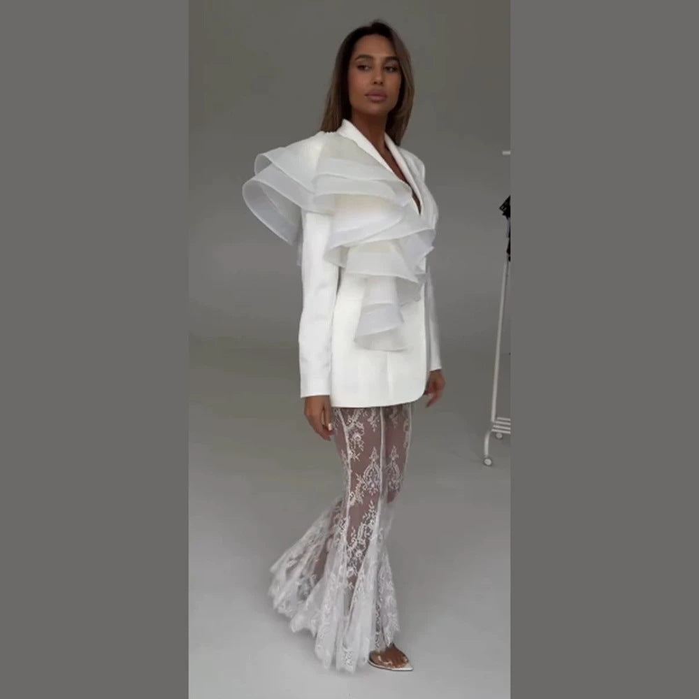 Women's tailored blazer with asymmetrical organza ruffle Amarae