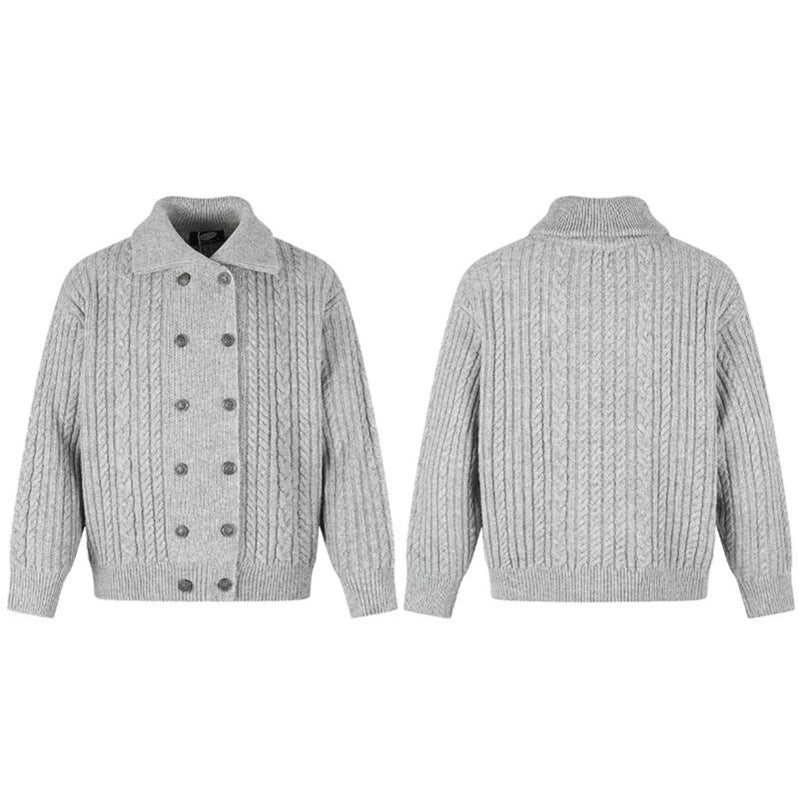 Women's Double-Breasted Cable Knit Cardigan with Shirt Collar and Ribbed Cuffs Amarae