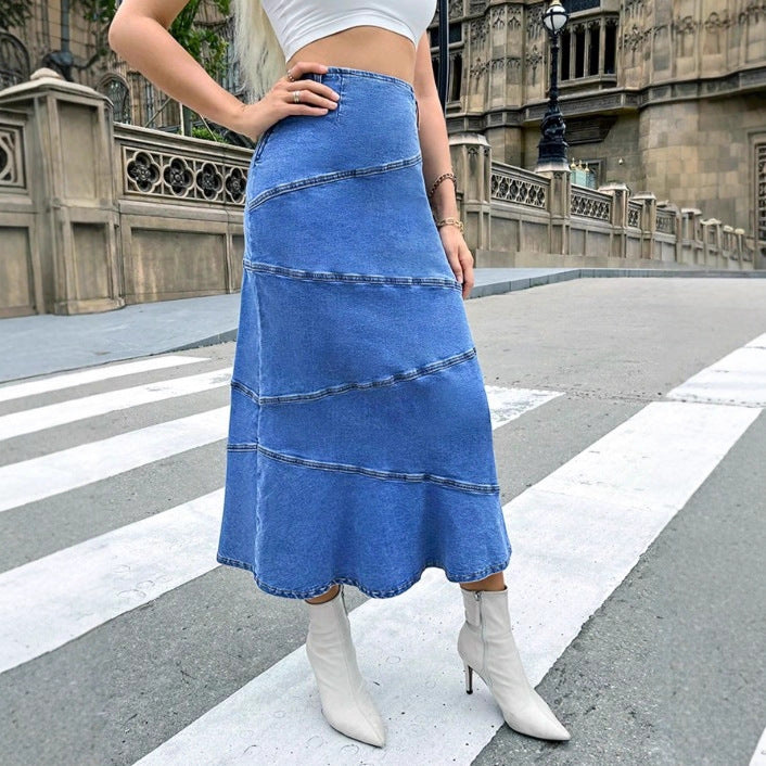 Women's waist-accentuating denim midi skirt with wave-shaped decorative seams and flared hem Amarae