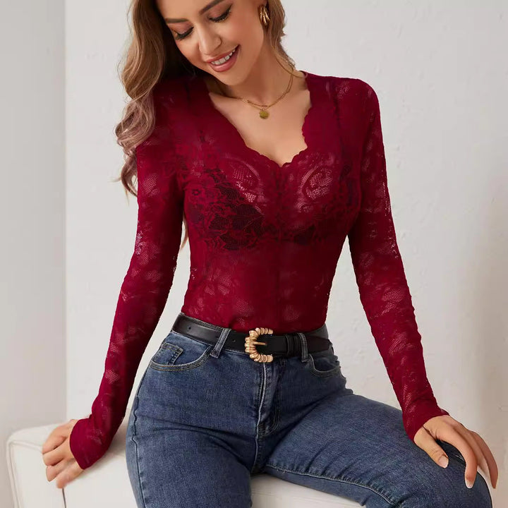 Ladies Lace Bodysuit with V-Neck and Long Sleeves Lune London