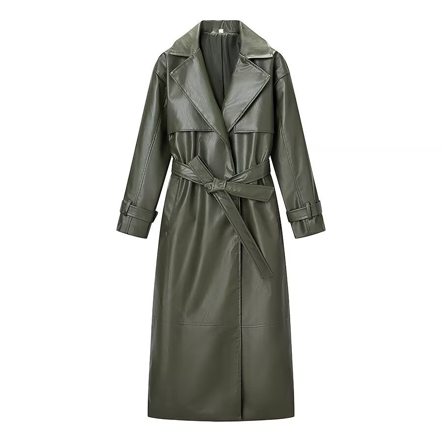Women Oversize Faux Leather Coat in Trench Coat Style with Wide Lapels Amarae