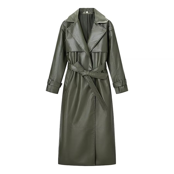 Women Oversize Faux Leather Coat in Trench Coat Style with Wide Lapels Amarae