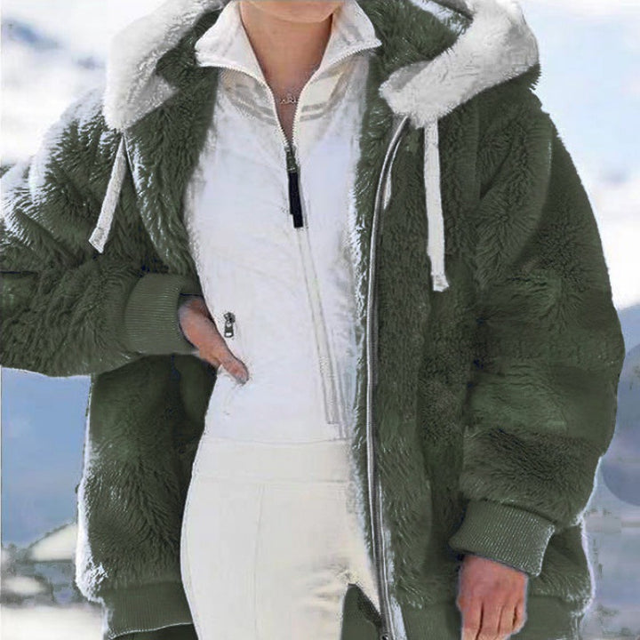Women's Oversized Sherpa Zip Jacket with Contrast Collar, Ribbed Cuffs, and Drawstring Amarae