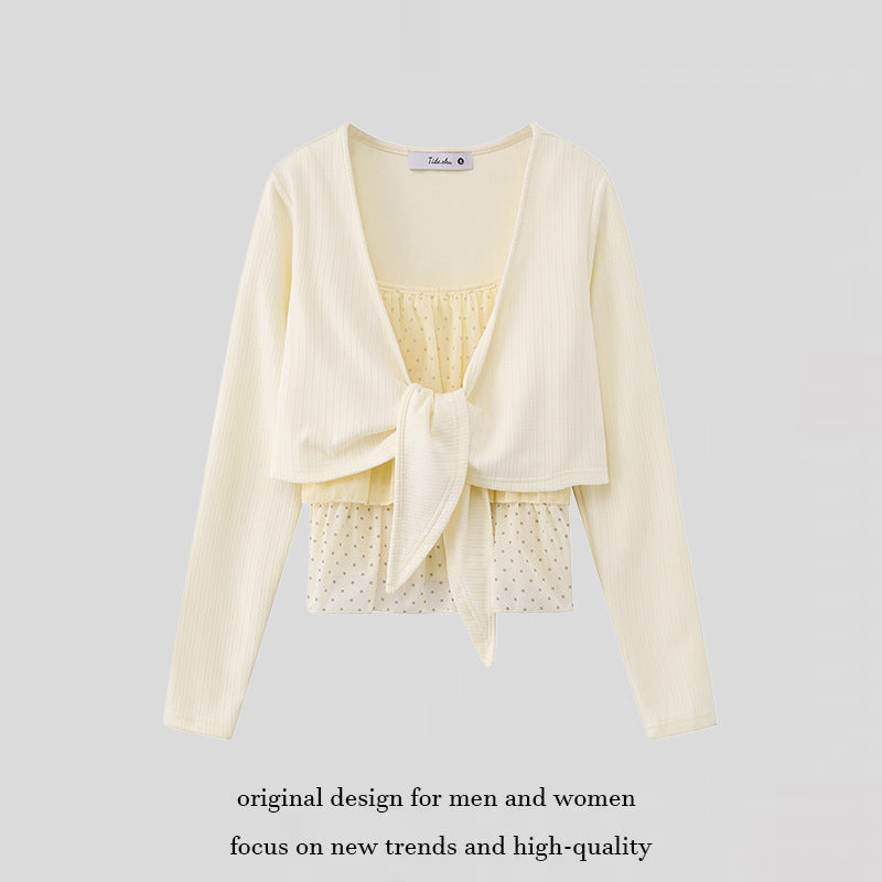 Women's Two-Piece Long Sleeve Top with Knot Front and Delicate Chiffon Under Top Amarae