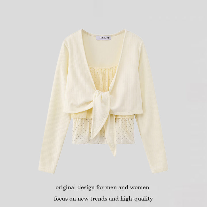 Women's Two-Piece Long Sleeve Top with Knot Front and Delicate Chiffon Under Top Amarae
