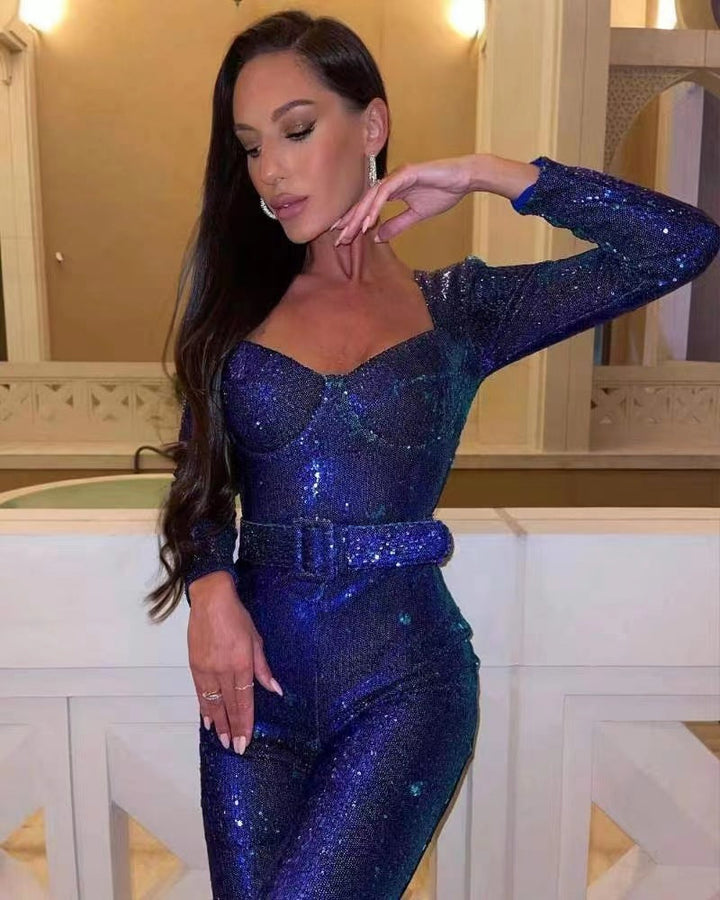 Ladies Glamorous Sequin Jumpsuit with Chic Waistline Lune London
