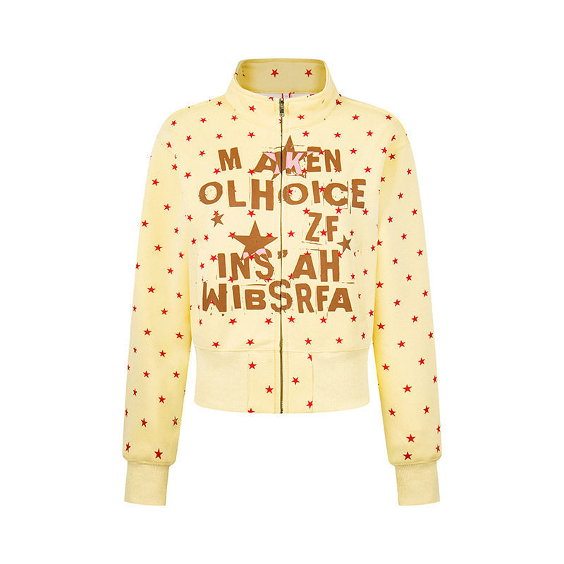 Women's Short Zipper Sweat Jacket with Stand-Up Collar, Allover Star Print and Statement Front Print Amarae