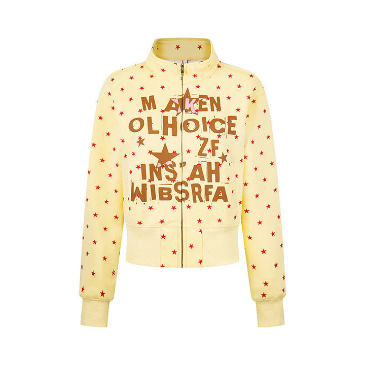 Women's Short Zipper Sweat Jacket with Stand-Up Collar, Allover Star Print and Statement Front Print Amarae