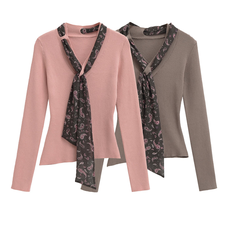 Women's fine knit pullover with threaded paisley scarf Amarae