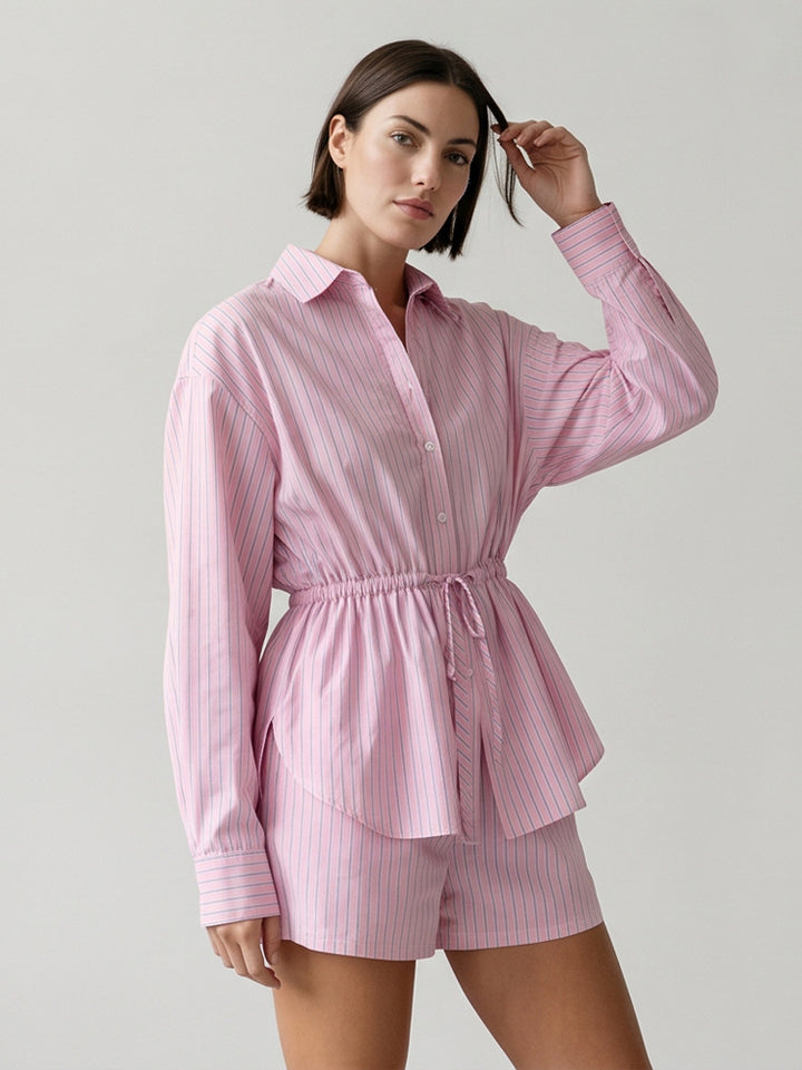 Women's Striped Loungewear Set made of Lightweight Cotton with Drawstring Waist & Shorts Amarae