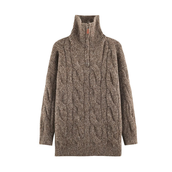 Women's Chunky Knit Long Sweater with Cable Pattern and Half-High Zip Collar Amarae