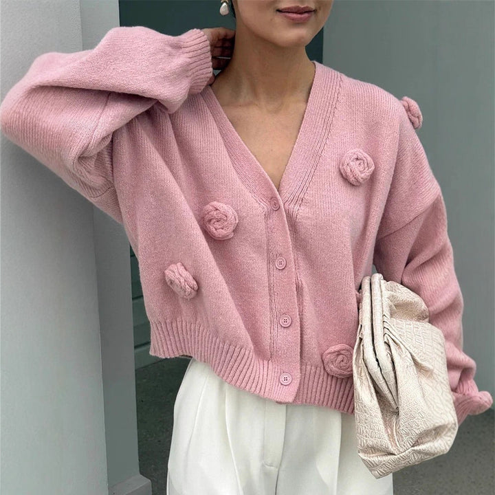 Women's Oversized Knit Cardigan with Three-Dimensional Rose Appliqués and V-Neck Amarae