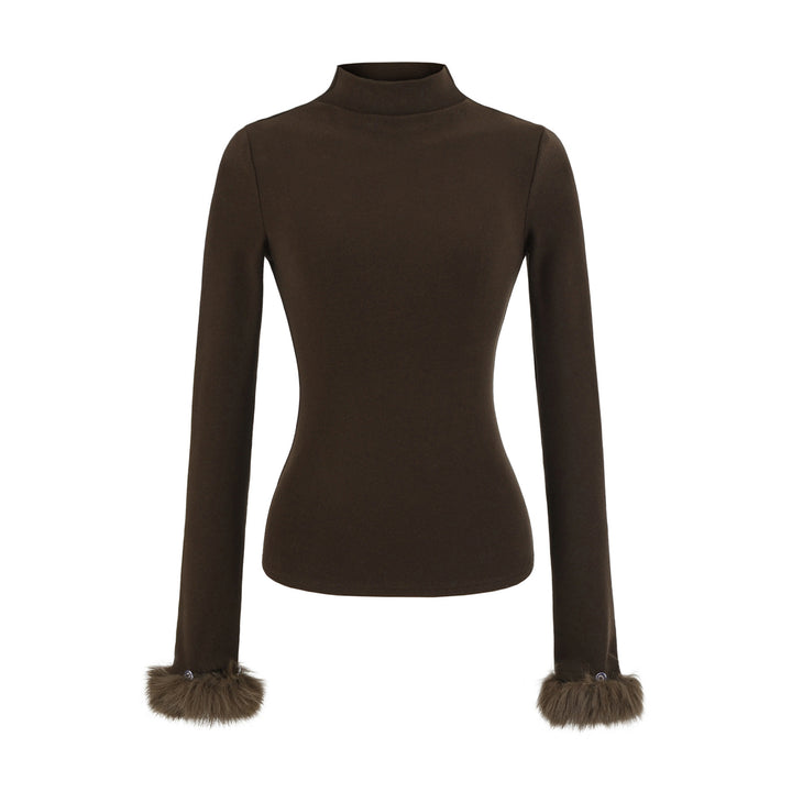 Women's Fitted Turtleneck Top with Faux Fur Cuffs Amarae